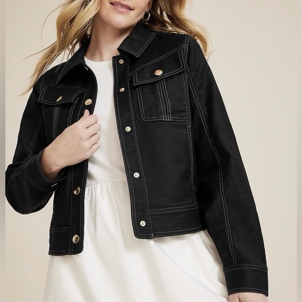 Maurices Black Cropped Twill Chore Jacket Snap Button Closure Large Women’s